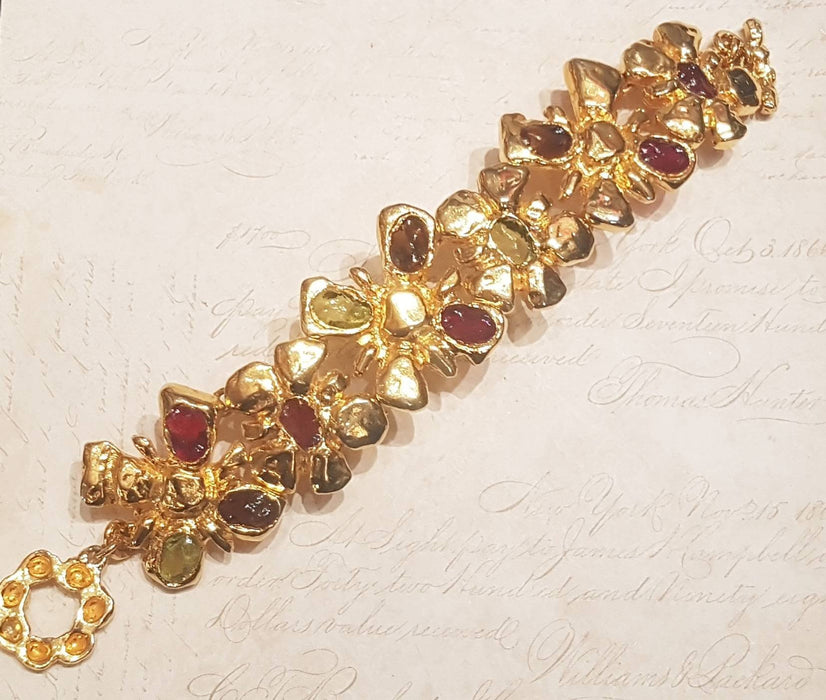Christian Lacroix Bracelet Flower Gold Chain Link Red Green Glass - The Hirst Collection