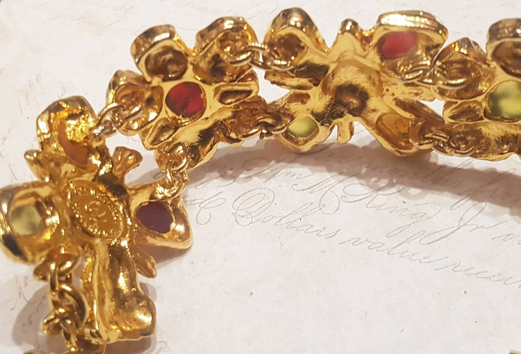 Christian Lacroix Bracelet Flower Gold Chain Link Red Green Glass - The Hirst Collection