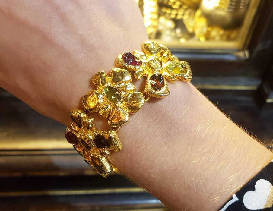 Christian Lacroix Bracelet Flower Gold Chain Link Red Green Glass - The Hirst Collection