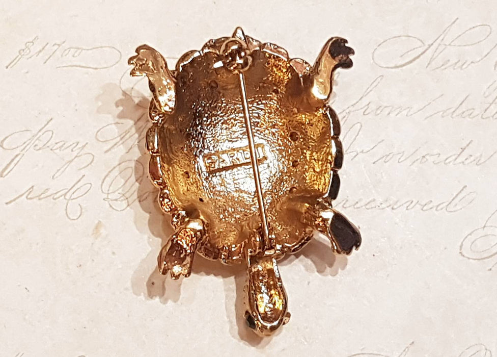 Turtle Brooch Gold Brown Enamel Glass Stones by Sardi - The Hirst Collection