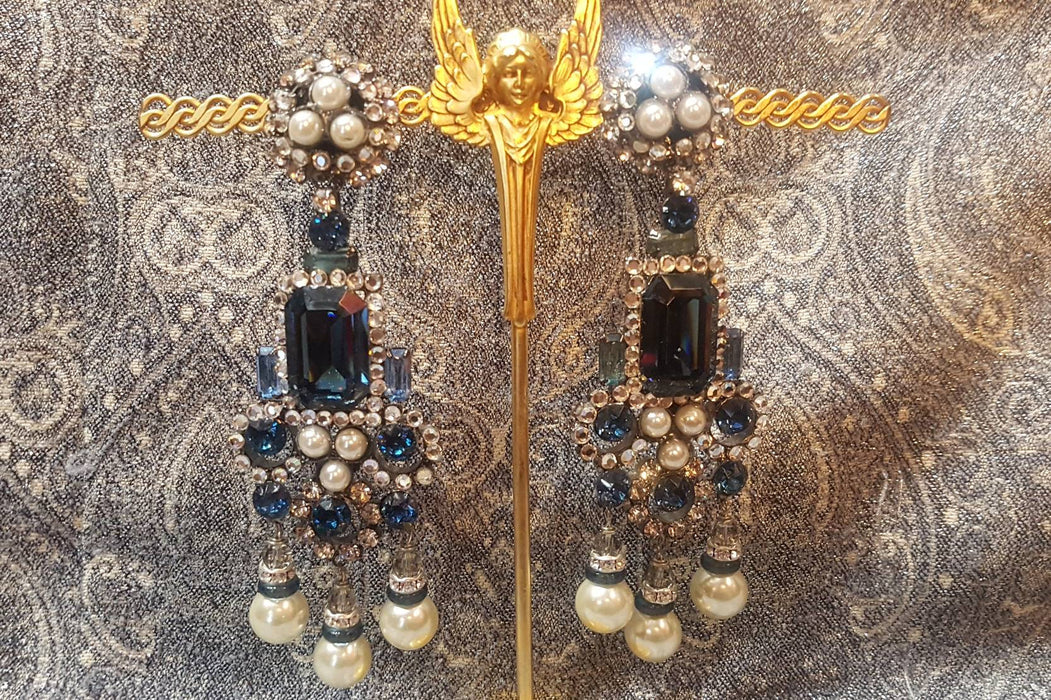 Larry Vrba Earrings Clip On Chandelier Sapphire Blue Pearl Silver Signed - The Hirst Collection