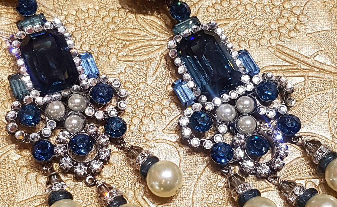 Larry Vrba Earrings Clip On Chandelier Sapphire Blue Pearl Silver Signed - The Hirst Collection