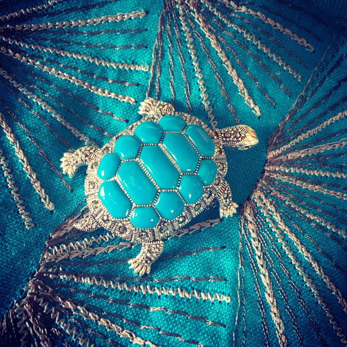 Turquoise Tortoise Brooch Silver Marcasite - The Hirst Collection