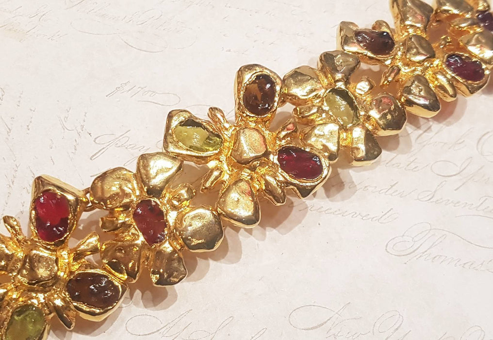 Christian Lacroix Bracelet Flower Gold Chain Link Red Green Glass - The Hirst Collection