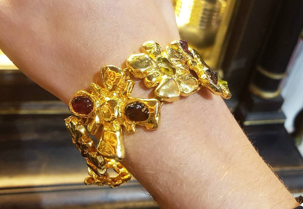 Christian Lacroix Bracelet Flower Gold Chain Link Red Green Glass - The Hirst Collection