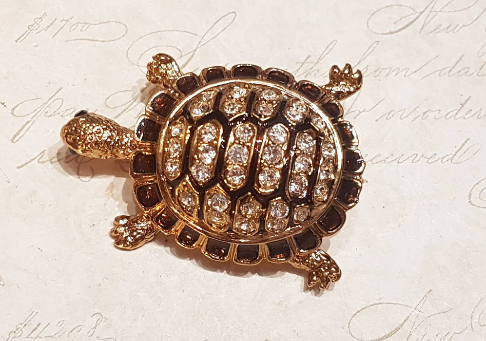Turtle Brooch Gold Brown Enamel Glass Stones by Sardi - The Hirst Collection