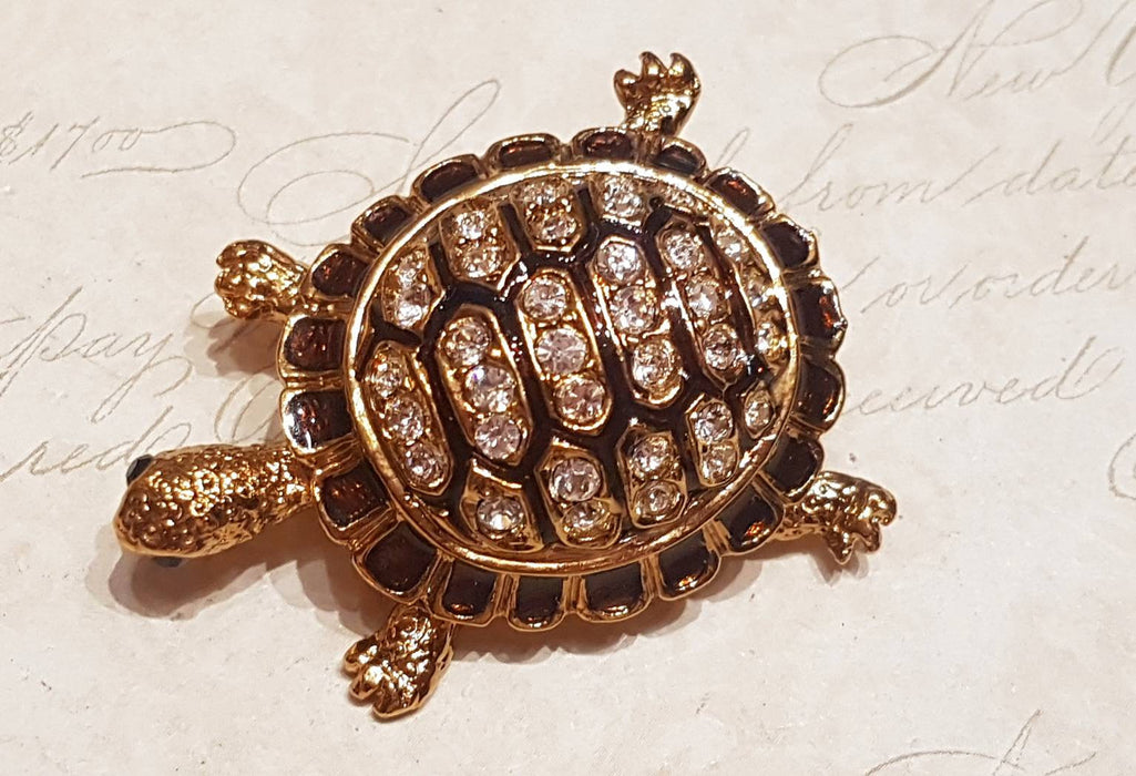Turtle Brooch Gold Brown Enamel Glass Stones by Sardi - The Hirst Collection