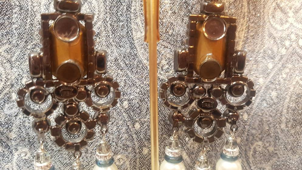 Larry Vrba Earrings Clip On Chandelier Sapphire Blue Pearl Silver Signed - The Hirst Collection