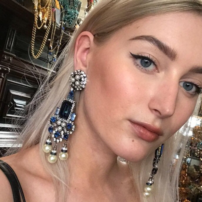 Larry Vrba Earrings Clip On Chandelier Sapphire Blue Pearl Silver Signed - The Hirst Collection