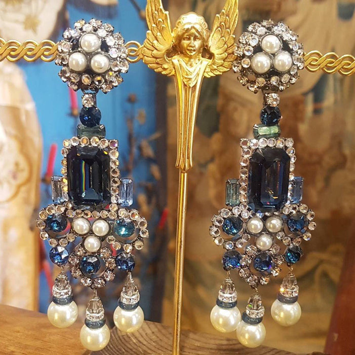 Larry Vrba Earrings Clip On Chandelier Sapphire Blue Pearl Silver Signed - The Hirst Collection