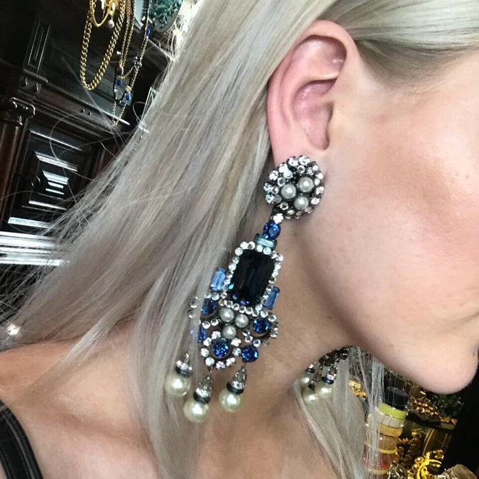 Larry Vrba Earrings Clip On Chandelier Sapphire Blue Pearl Silver Signed - The Hirst Collection