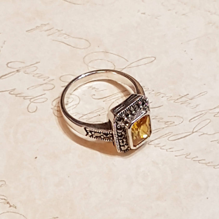 Princess Solitaire Citrine Silver Marcasite Square Ring - The Hirst Collection