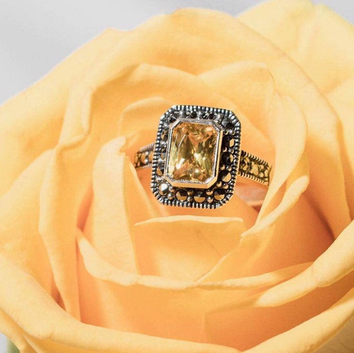 Princess Solitaire Citrine Silver Marcasite Square Ring - The Hirst Collection