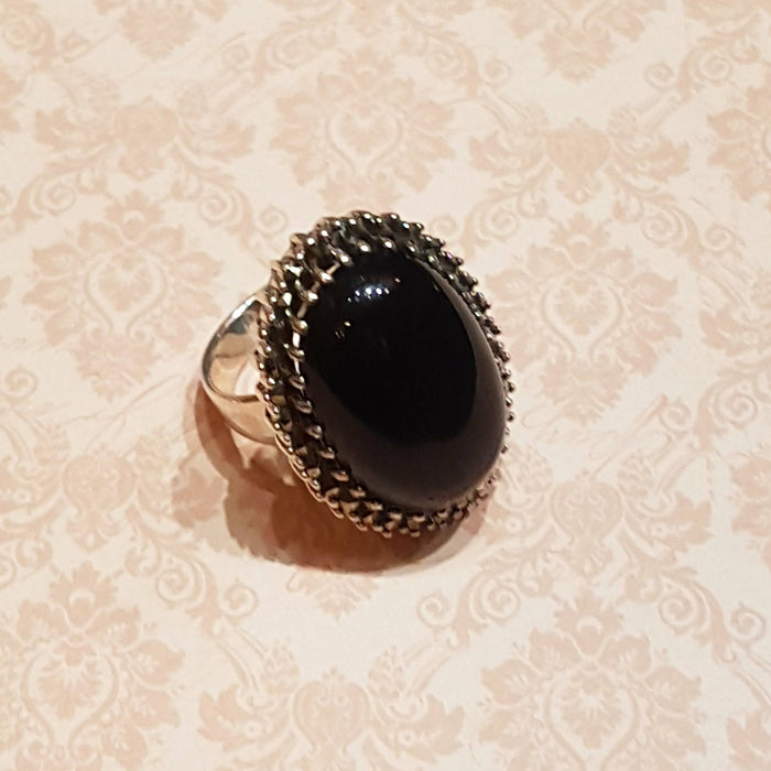 Large Oval Black Onyx Cocktail Ring Silver Marcasite - The Hirst Collection