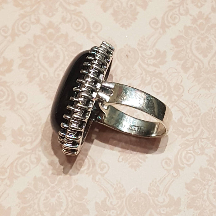 Large Oval Black Onyx Cocktail Ring Silver Marcasite - The Hirst Collection