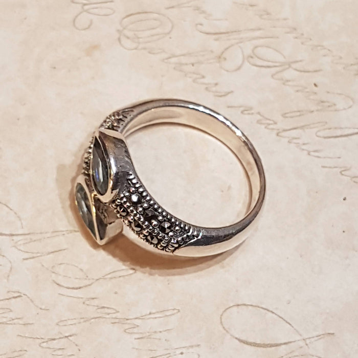 Blue topaz duo ring in silver with Marcasite - The Hirst Collection