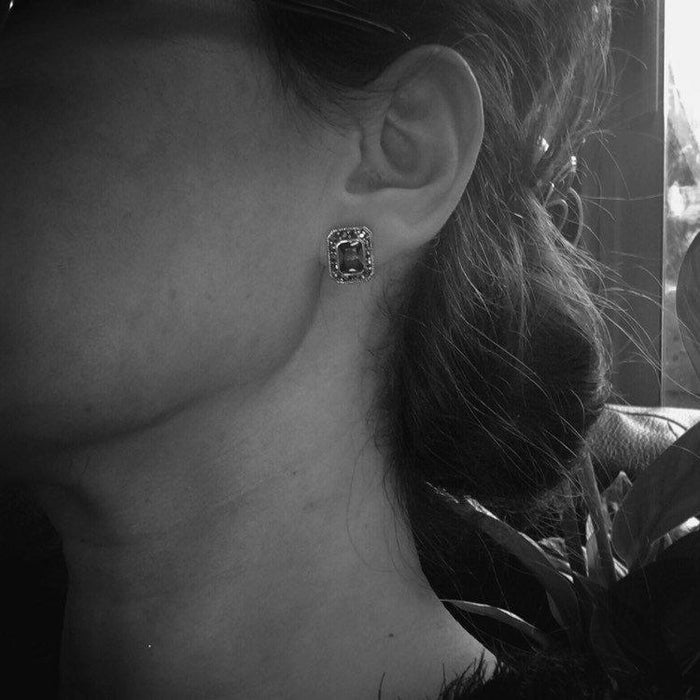 Silver Marcasite Sapphire Earrings Square Blue Crystal Studs - The Hirst Collection