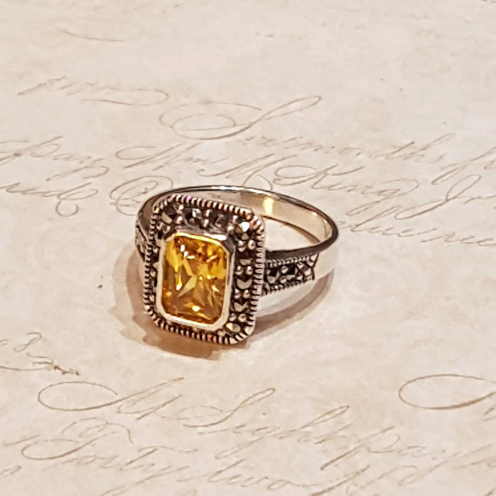 Princess Solitaire Citrine Silver Marcasite Square Ring - The Hirst Collection