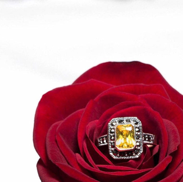 Princess Solitaire Citrine Silver Marcasite Square Ring - The Hirst Collection