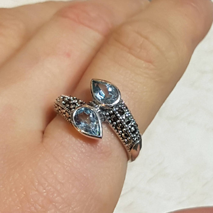 Blue topaz duo ring in silver with Marcasite - The Hirst Collection
