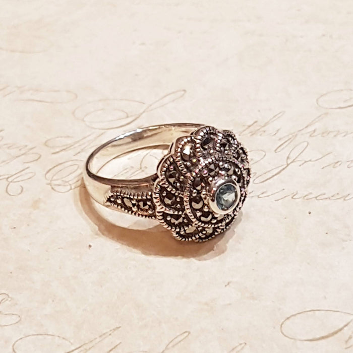 Blue Topaz silver Marcasite Swirl ring - The Hirst Collection