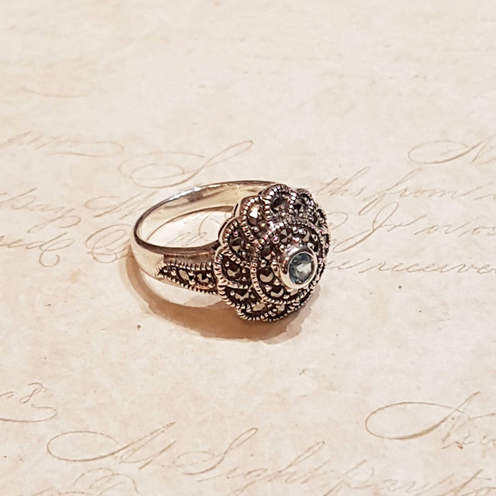 Blue Topaz silver Marcasite Swirl ring - The Hirst Collection