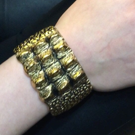 Saint Laurent Cuff Bracelet in crocodile skin effect Gold Plated - The Hirst Collection