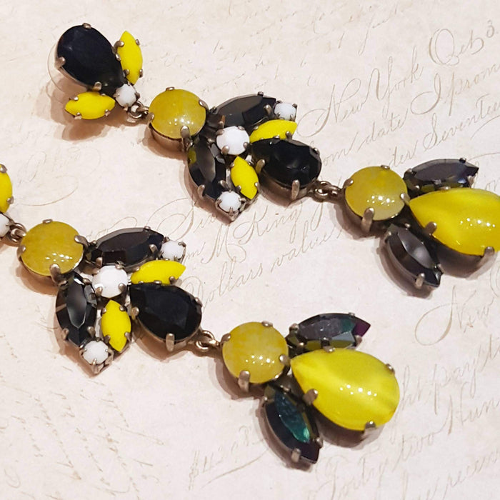 Black Yellow White Glass and Crystal Chandelier Pierced Earrings by Frangos - The Hirst Collection