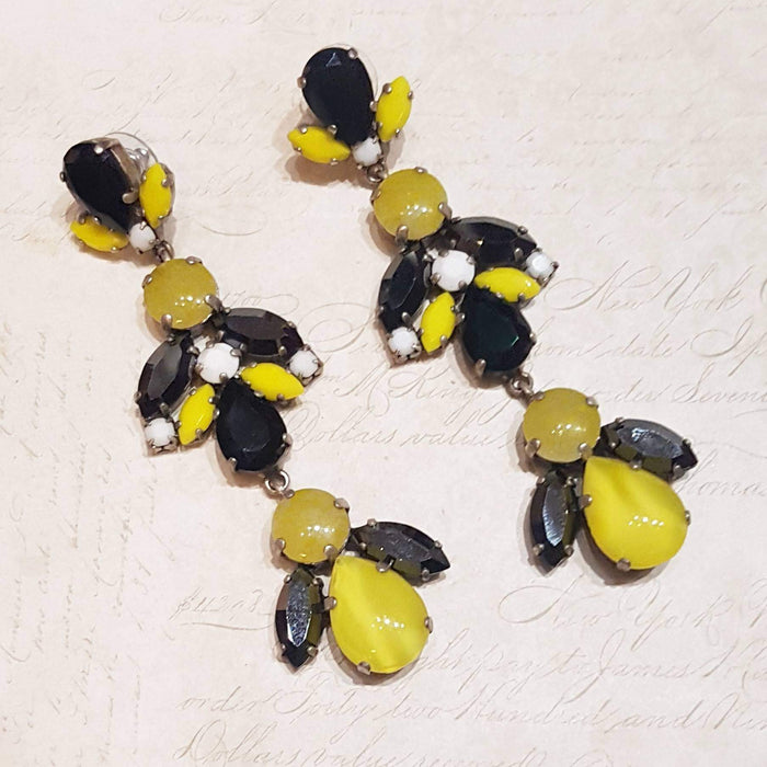 Black Yellow White Glass and Crystal Chandelier Pierced Earrings by Frangos - The Hirst Collection