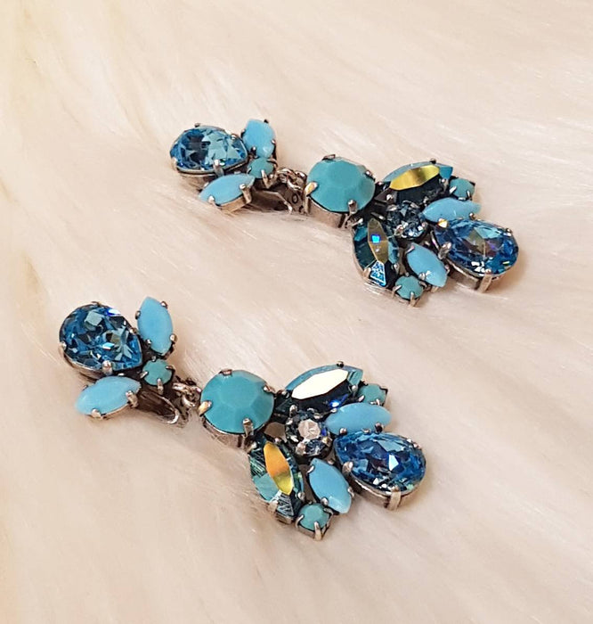 Blue Crystal Earrings Clip On Chandelier By Frangos Silver - The Hirst Collection