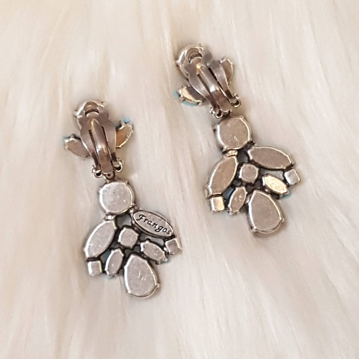 Blue Crystal Earrings Clip On Chandelier By Frangos Silver - The Hirst Collection