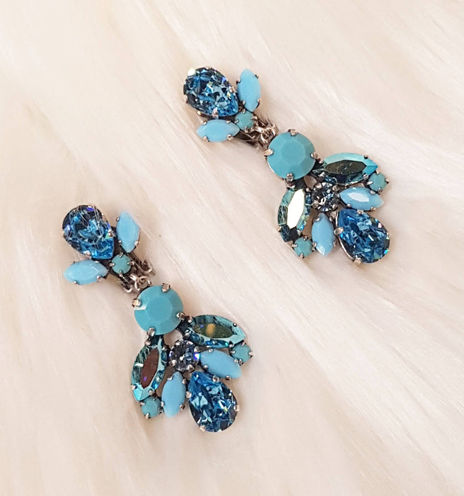 Blue Crystal Earrings Clip On Chandelier By Frangos Silver - The Hirst Collection
