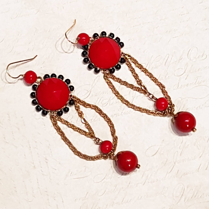 Askew London Earrings Chandelier Black Red Gold Glass unsigned - The Hirst Collection
