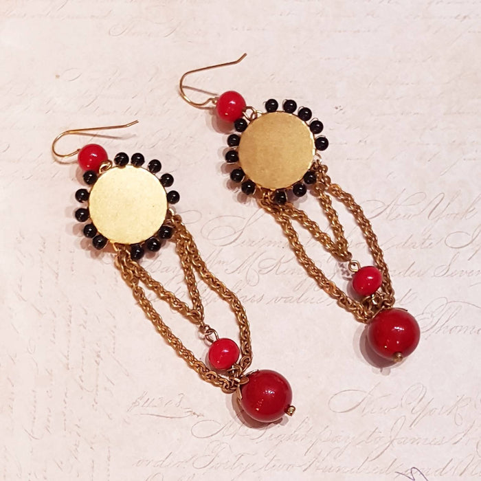 Askew London Earrings Chandelier Black Red Gold Glass unsigned - The Hirst Collection