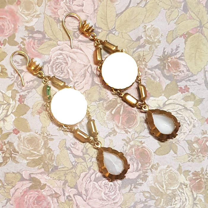 Askew London Earrings Chandelier White Glass Gold Green Unsigned - The Hirst Collection