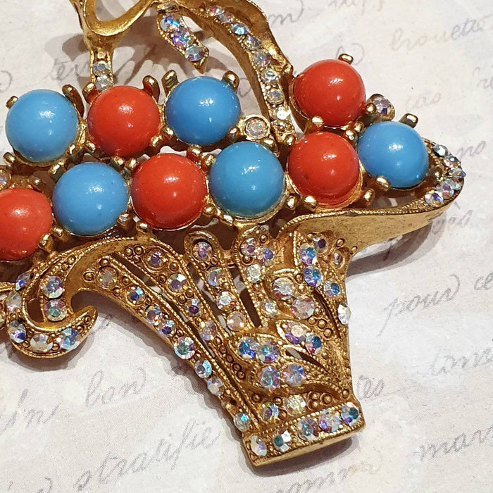 Butler & Wilson Brooch Basket of Swarovski Crystal flowers Coral Turquoise Glass - The Hirst Collection