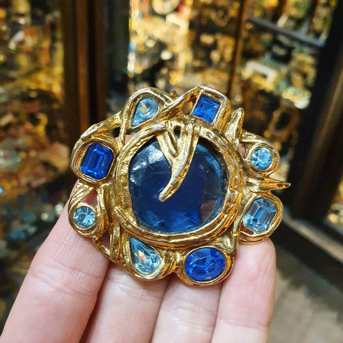 YSL brooch Vintage Blue Glass Gold Pendant Large - The Hirst Collection