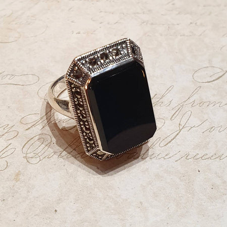 Art Deco Ring Silver Black Onyx Marcasite - The Hirst Collection