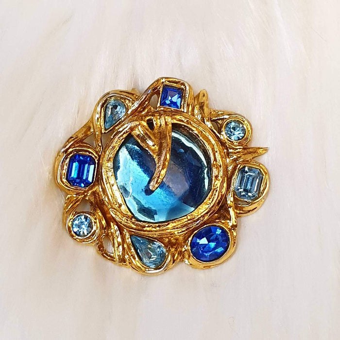 YSL brooch Vintage Blue Glass Gold Pendant Large - The Hirst Collection