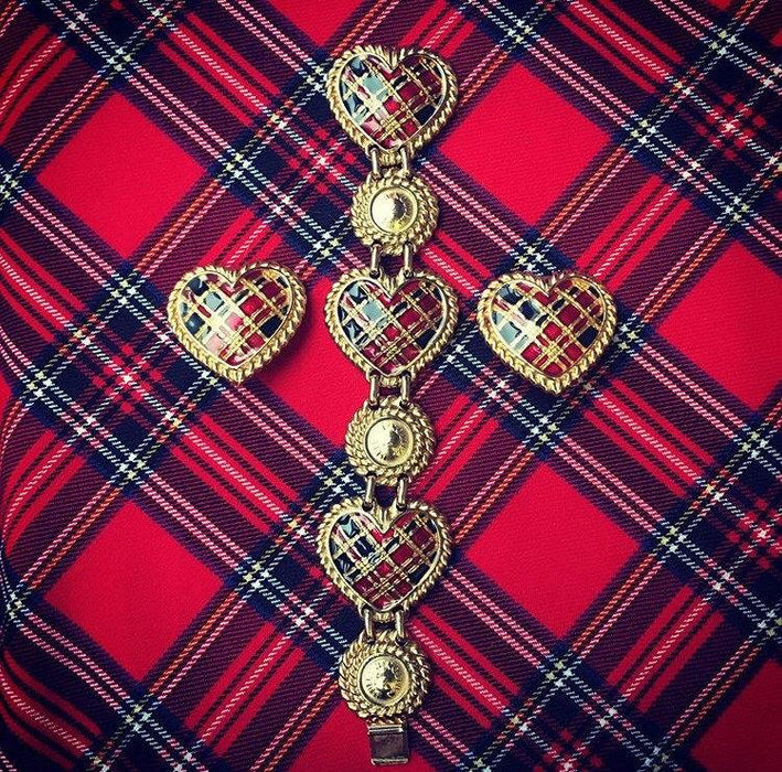 Butler and Wilson Heart Bracelet Gold Enamel Tartan Punk Vintage Signed - The Hirst Collection