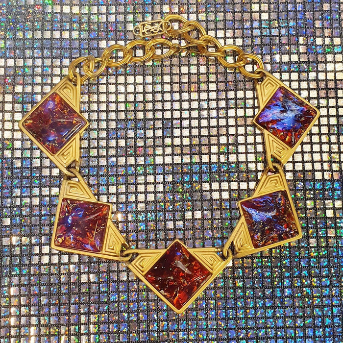 YSL Necklace Gold Pink Purple Dichroic Glass Statement Yves Saint Laurent Vintage - The Hirst Collection