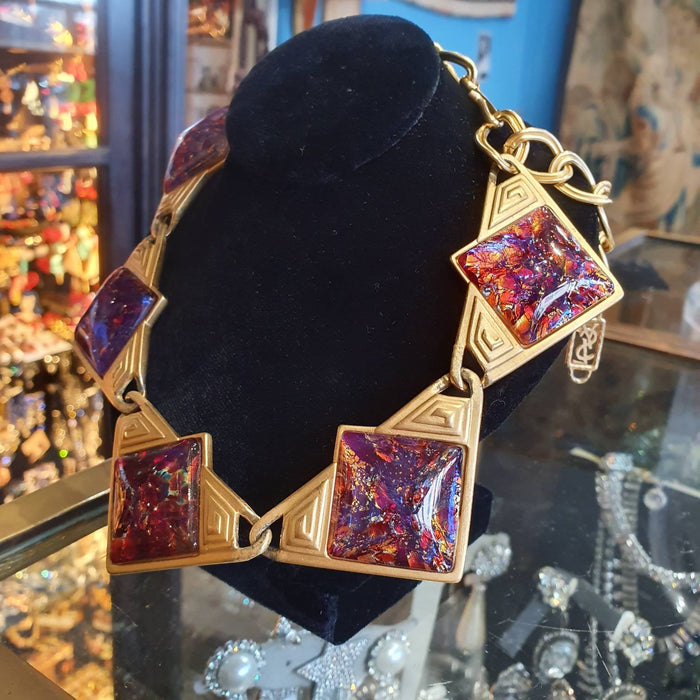 YSL Necklace Gold Pink Purple Dichroic Glass Statement Yves Saint Laurent Vintage - The Hirst Collection