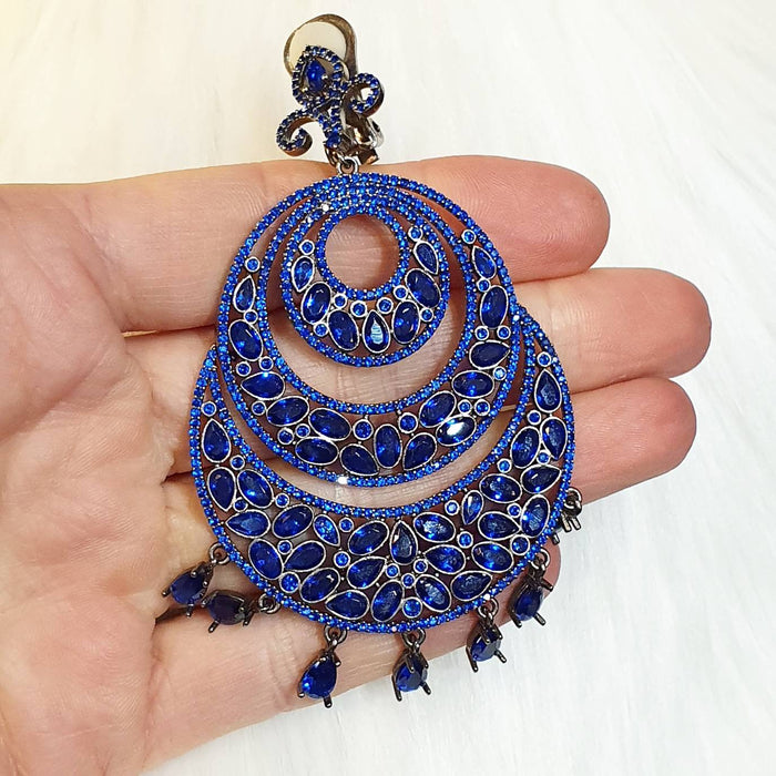 Sapphire Blue Crystal Clip On Earrings by JCM Statement Chandelier - The Hirst Collection