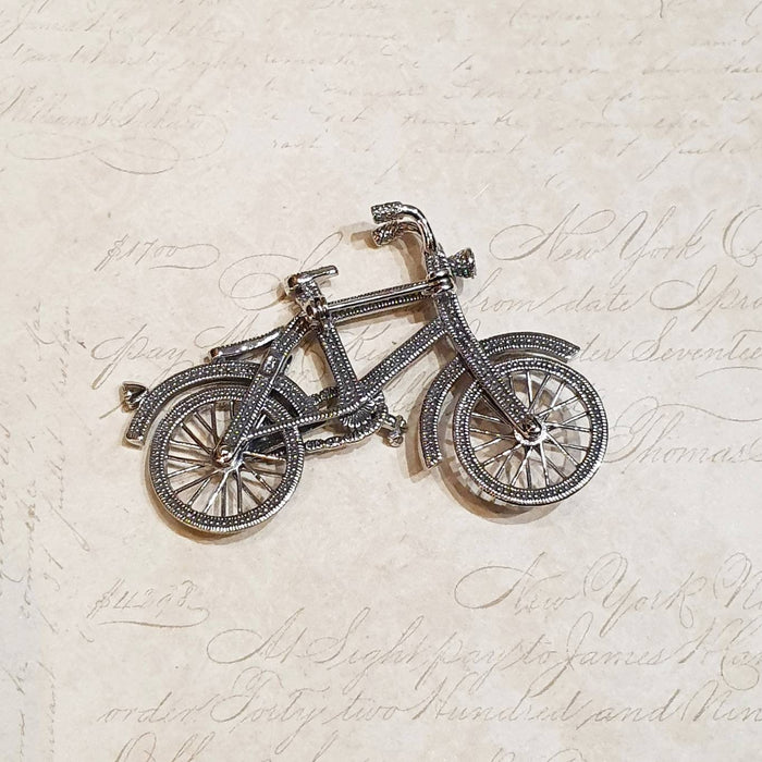 Silver Marcasite Bicycle Brooch Bike with moving wheels - The Hirst Collection