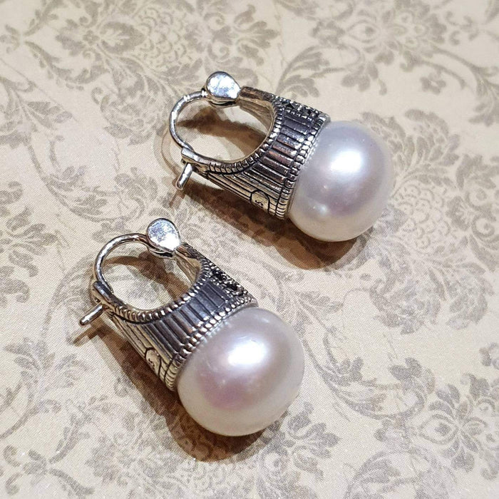 Freshwater Pearl Marcasite Sterling Silver Earrings Pierced - The Hirst Collection