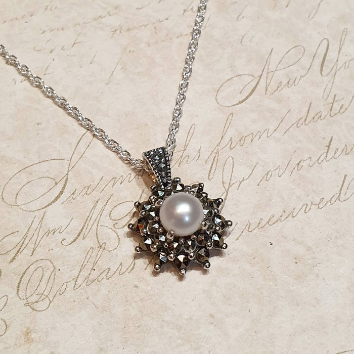 Sparkly Freshwater Pearl Marcasite Necklace - The Hirst Collection