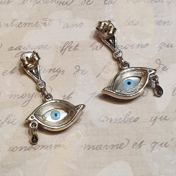 Eye Earrings Silver Marcasite Mother of Pearl Teardrop - The Hirst Collection