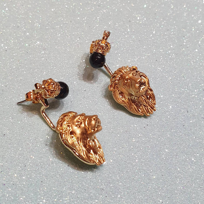 Bill Skinner Lion Earrings Ear Jacket Crown Gold Black - The Hirst Collection