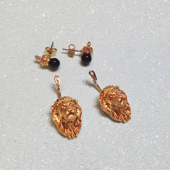 Bill Skinner Lion Earrings Ear Jacket Crown Gold Black - The Hirst Collection