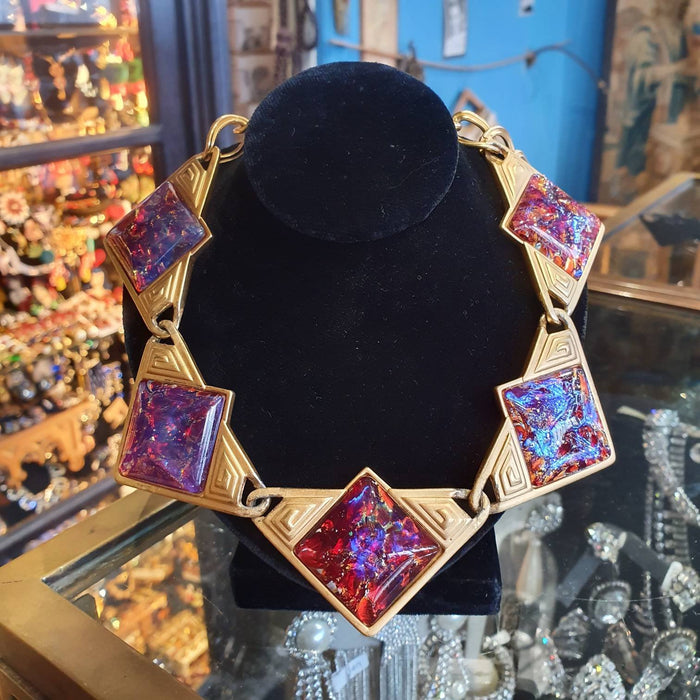 YSL Necklace Gold Pink Purple Dichroic Glass Statement Yves Saint Laurent Vintage - The Hirst Collection